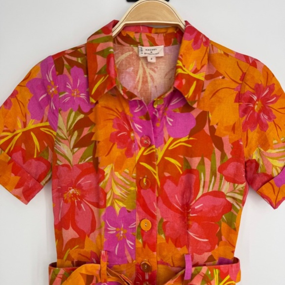 Kachel x Anthropologie Floral Linen Blend Romper Size 2 Orange Tropical Resort‎ - Picture 5 of 13